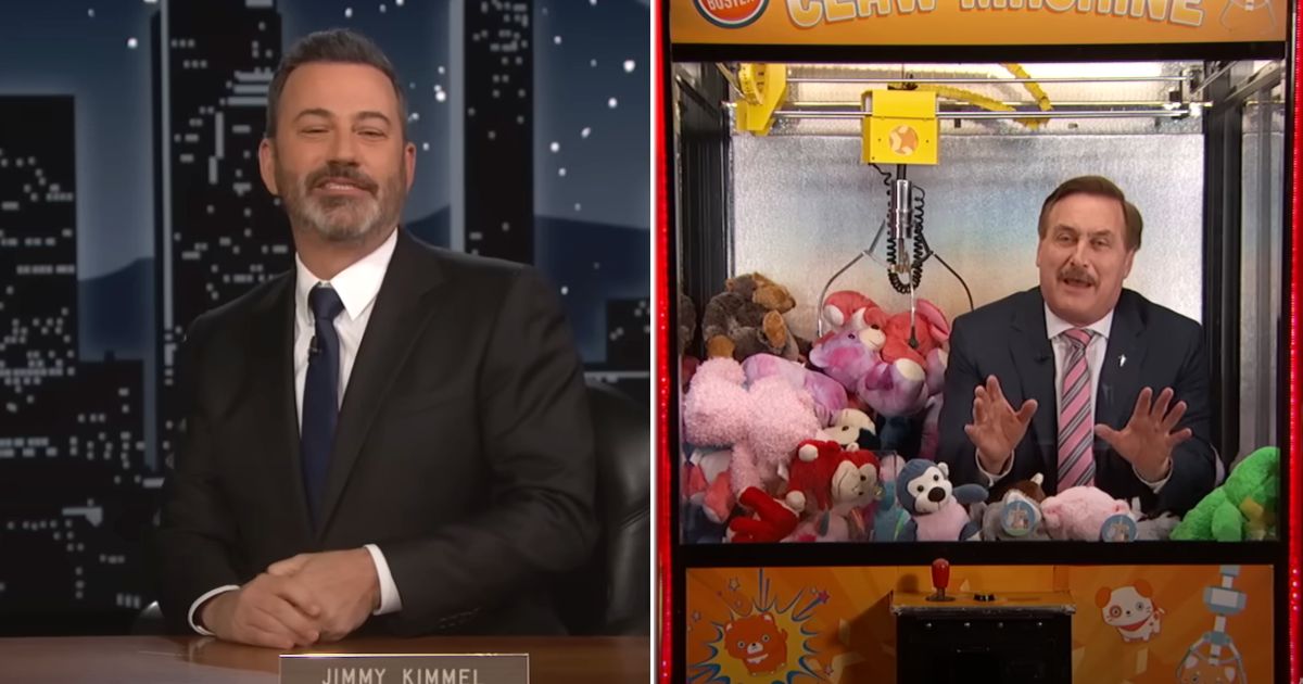 Jimmy Kimmel, left, interviews Mike Lindell, right, on "Jimmy Kimmel Live."