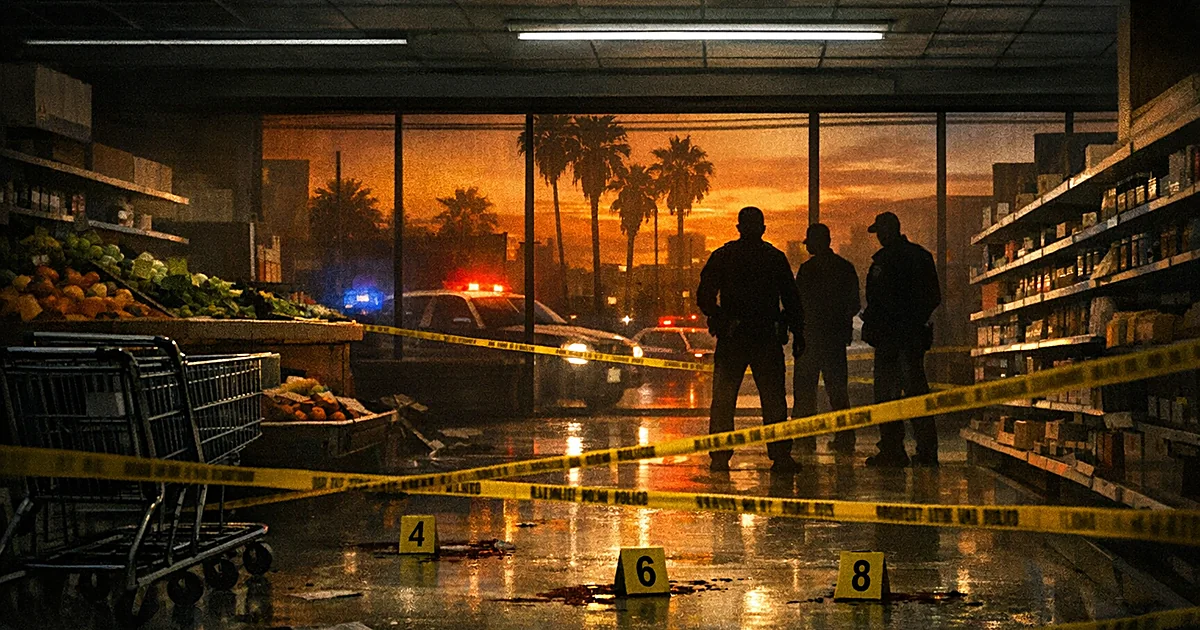 Empty grocery store interior with police tape and evidence markers on floor, palm tree silhouettes visible through windows