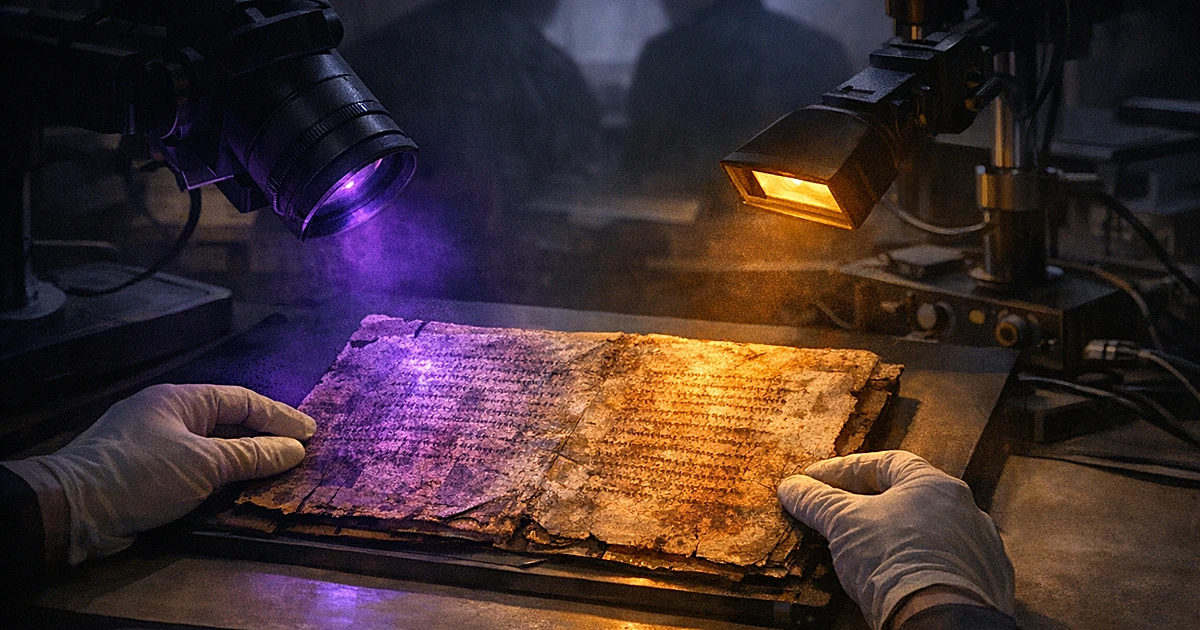 Ancient Greek manuscript under multispectral imaging lights with gloved hands positioning the parchment