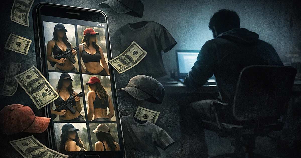 Smartphone showing AI-generated profile silhouettes with merchandise and money, person at laptop in dark room