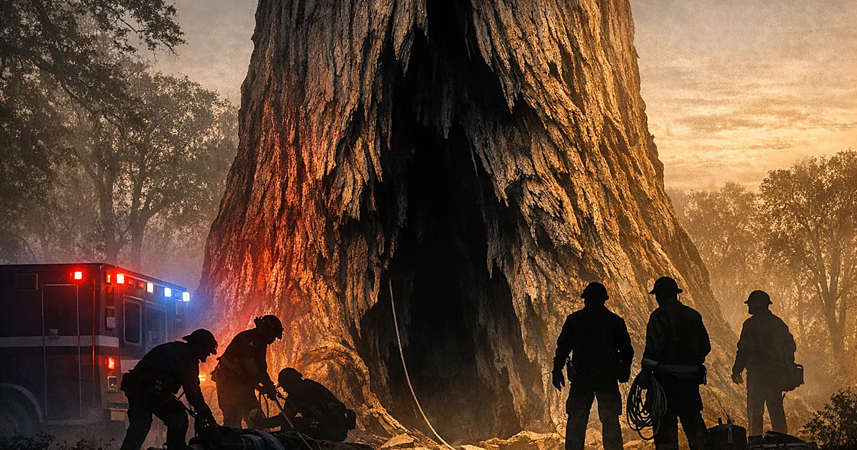Hollow tree trunk with emergency lights and silhouetted rescue workers at base during extraction operation