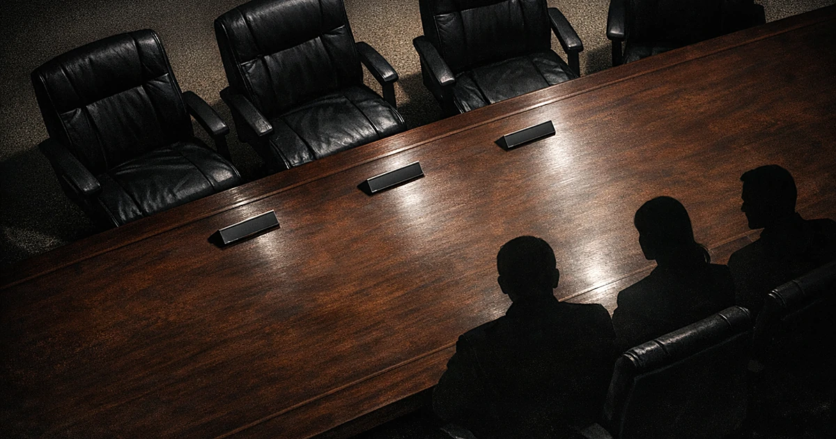 Empty boardroom chairs pushed away from conference table with face-down nameplates, suggesting recent departures