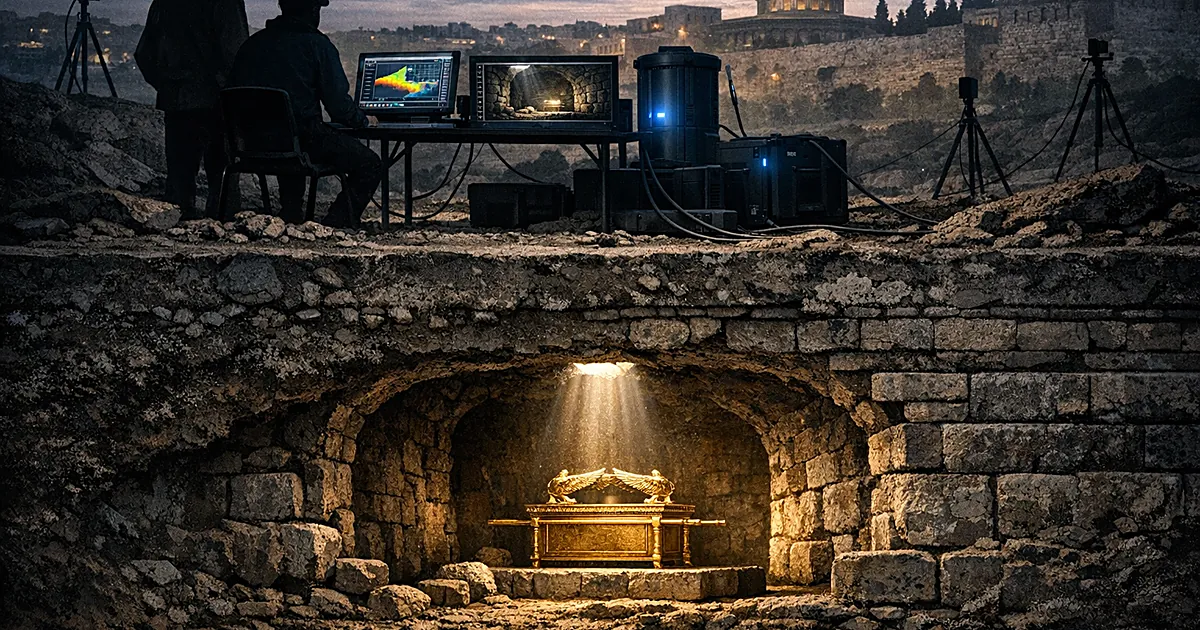 Cross-section view showing muon detection equipment scanning underground chamber containing golden ark beneath ancient stone