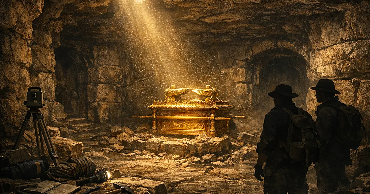 Golden ark with cherubim in underground stone chamber with archaeological equipment and dark passageways