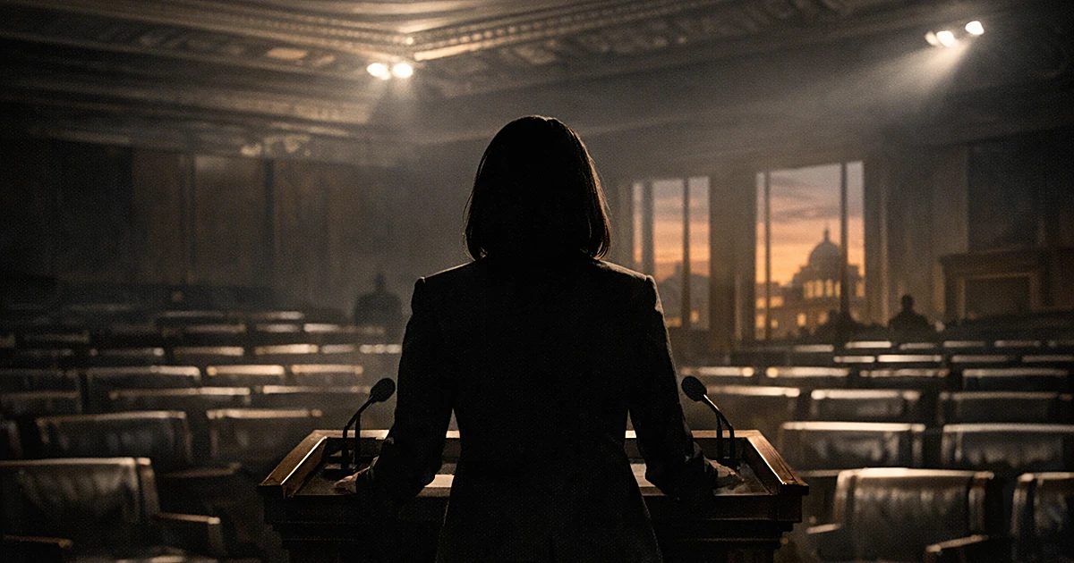 Silhouetted figure at podium in congressional chamber with empty seats and dramatic lighting