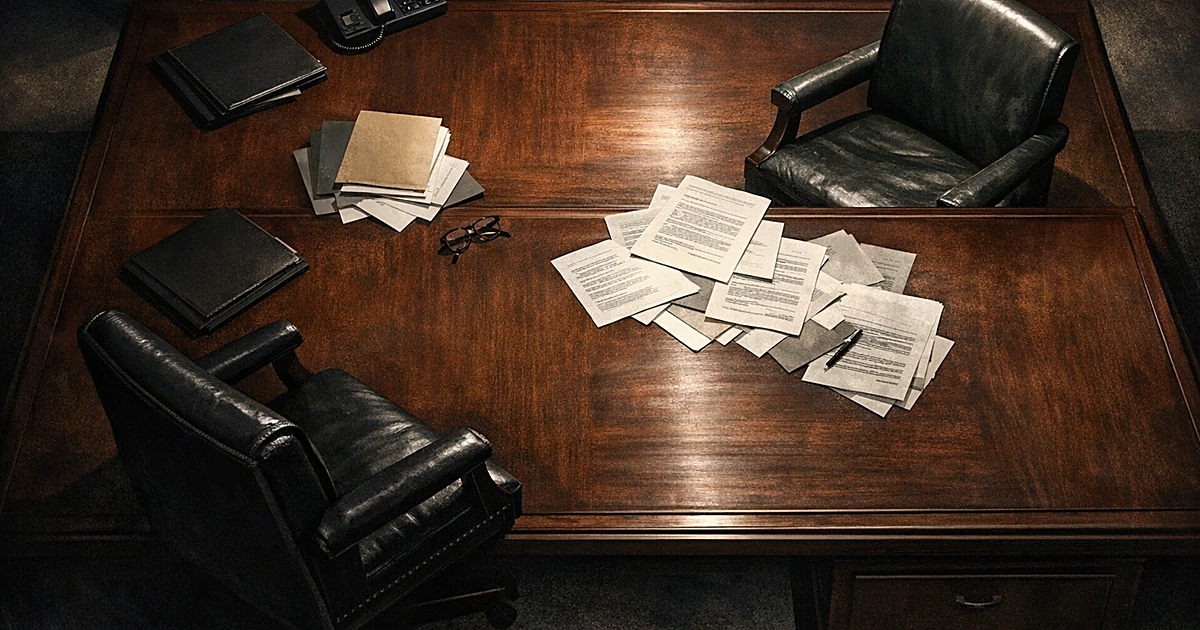 Empty office chairs facing each other across a desk, suggesting tension between Pentagon officials