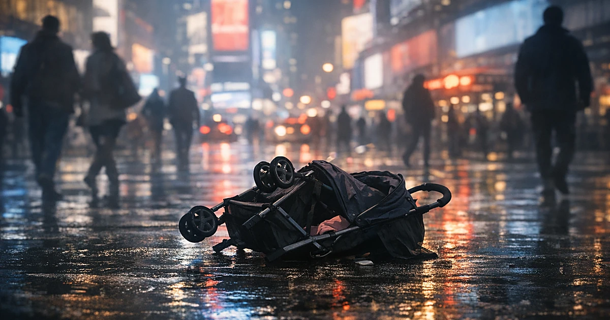 Overturned baby stroller abandoned on wet pavement at night in busy illuminated urban intersection