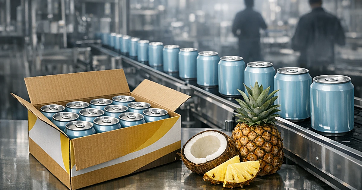 Light blue beverage cans on factory conveyor belt with tropical fruit and yellow packaging in foreground