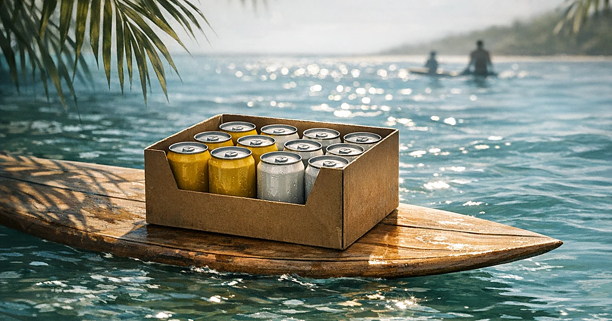 Surfboard floating on tropical water carrying a box of yellow and white beverage cans with palm shadows overhead