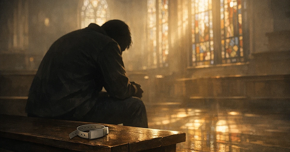 Silhouetted figure sitting alone on church bench with light streaming through stained glass windows