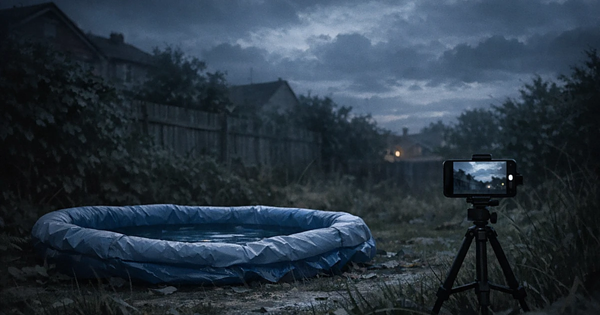 Empty deflated paddling pool in backyard with smartphone on tripod nearby under dark cloudy sky