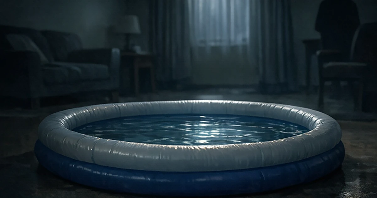 Empty children's paddling pool with water inside a dimly lit residential room interior