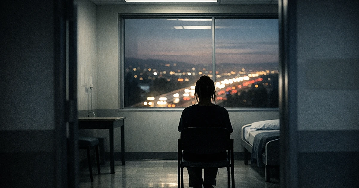 Silhouette of person in clinical treatment facility room with highway visible through window at dusk