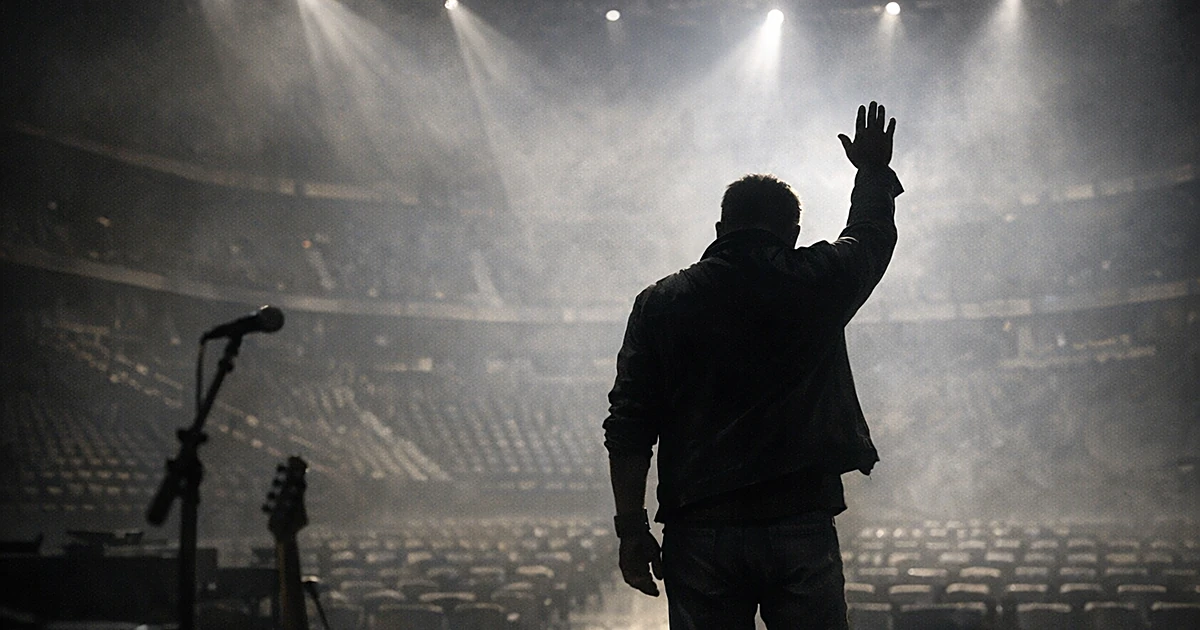 Silhouetted performer on stage with raised arm in prayer gesture, empty concert venue with dramatic lighting
