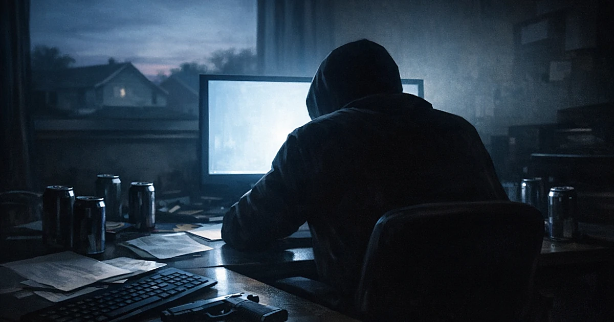 Silhouetted figure at computer in dark room with monitor glow, depicting online criminal activity