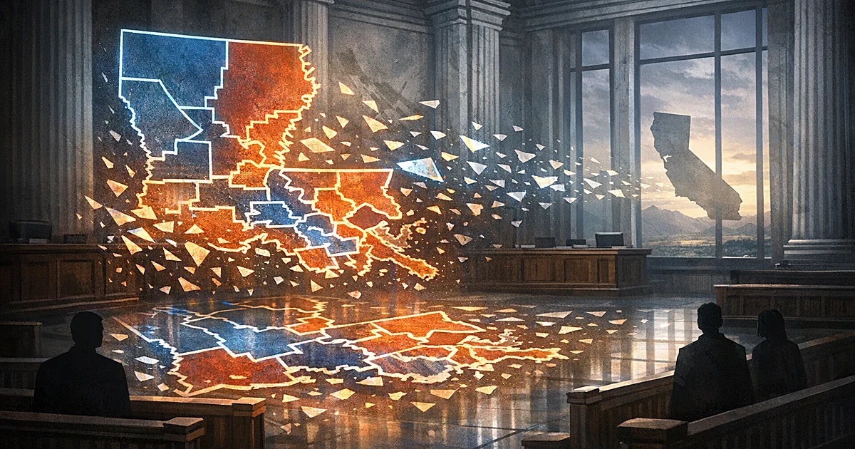 Courtroom interior with Louisiana district map dissolving into fragments that scatter toward California outline