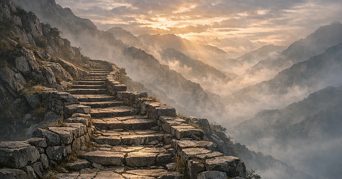 Ancient stone pathway through misty mountains with golden dawn light