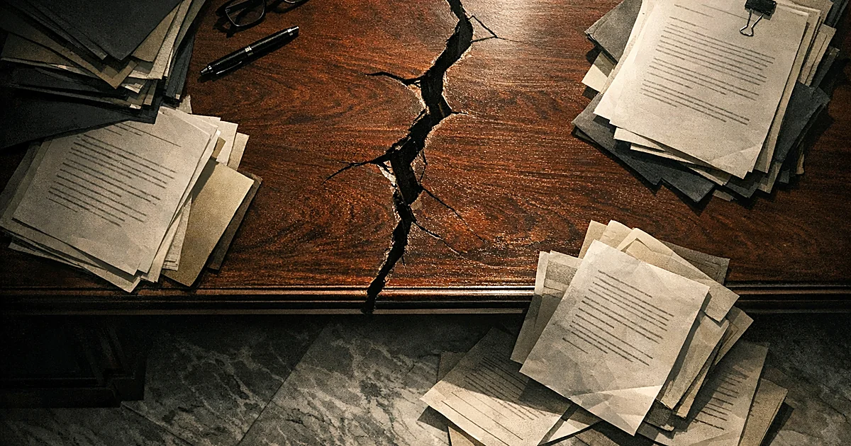 Documents scattered on cracked desk with papers falling, representing Supreme Court confidentiality breach