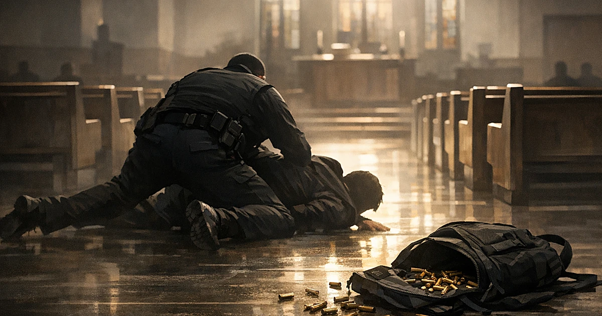 Security guard tackling person inside church sanctuary with backpack and ammunition scattered on floor