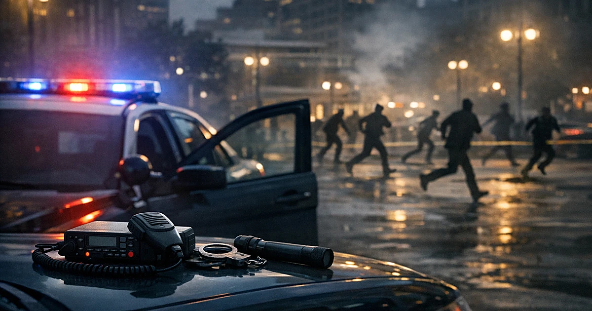 Empty police car with open door and scattered equipment on urban street at dusk with distant silhouettes