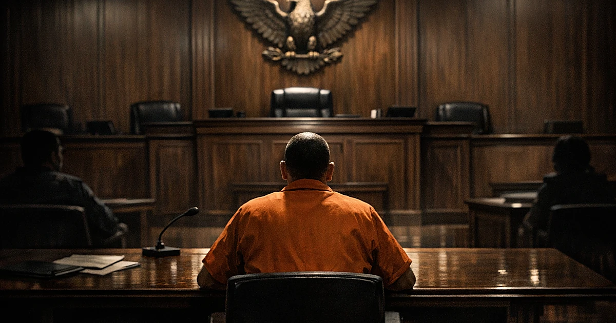Rear view of person in orange prison clothing seated alone at courtroom table facing judge's bench