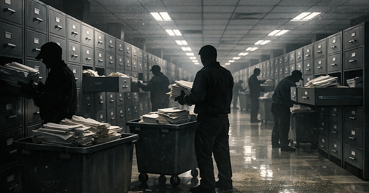 Silhouetted workers removing documents from filing cabinets in a large administrative records room