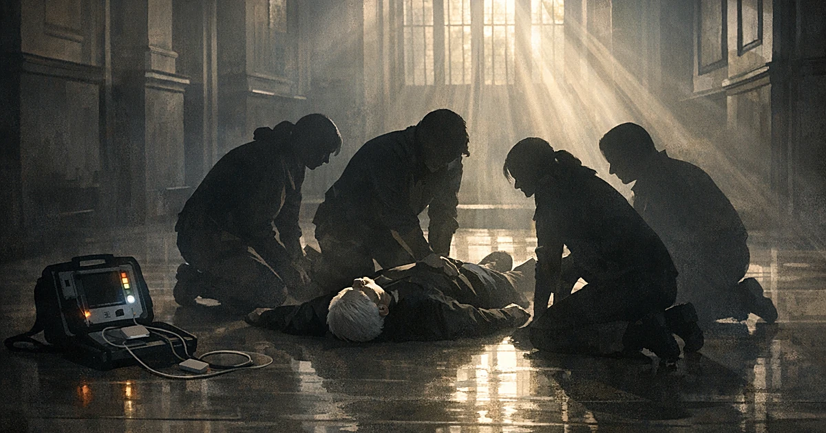Silhouettes of medical responders performing CPR on elderly man in church foyer with defibrillator nearby