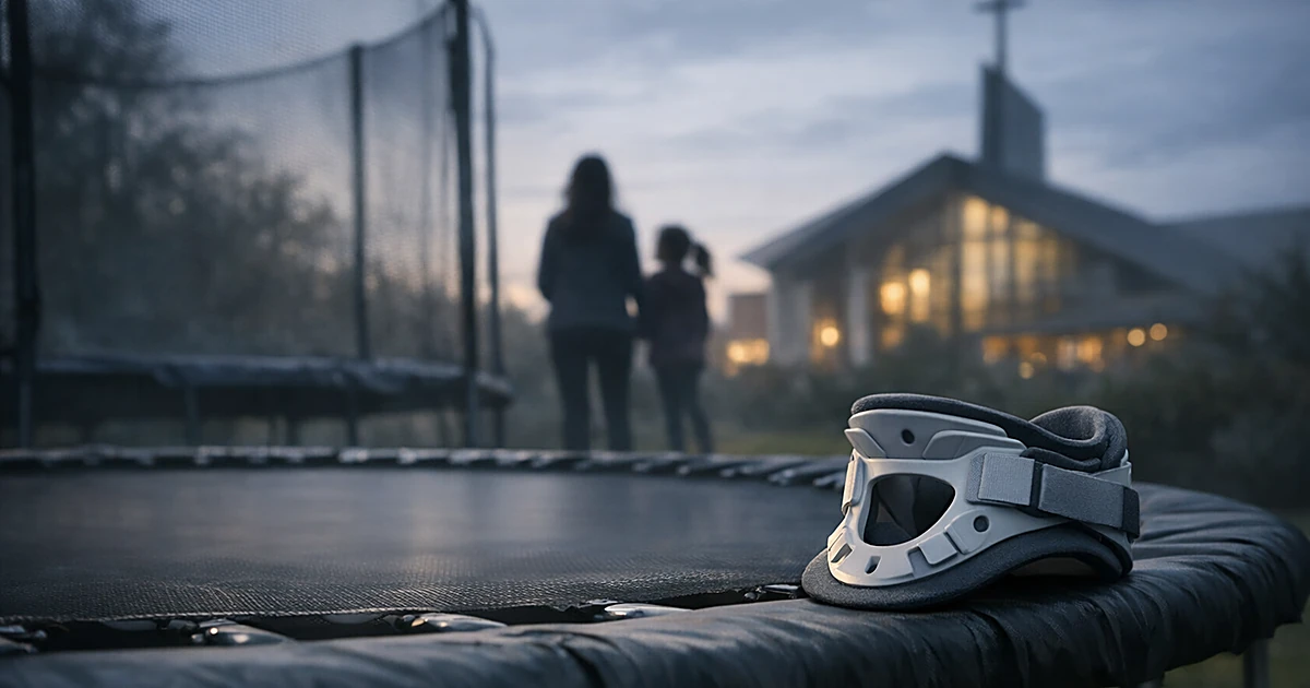 Medical neck brace resting near a backyard trampoline with church building visible in background