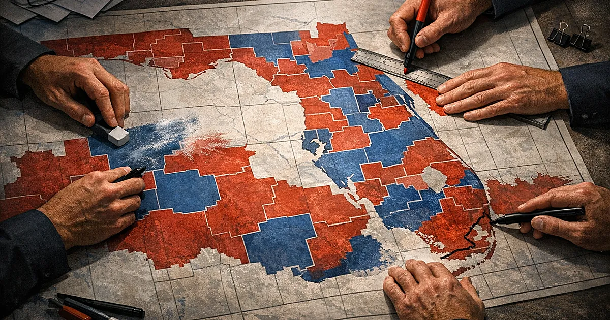 Overhead view of hands redrawing congressional district boundaries on a Florida map with red and blue sections