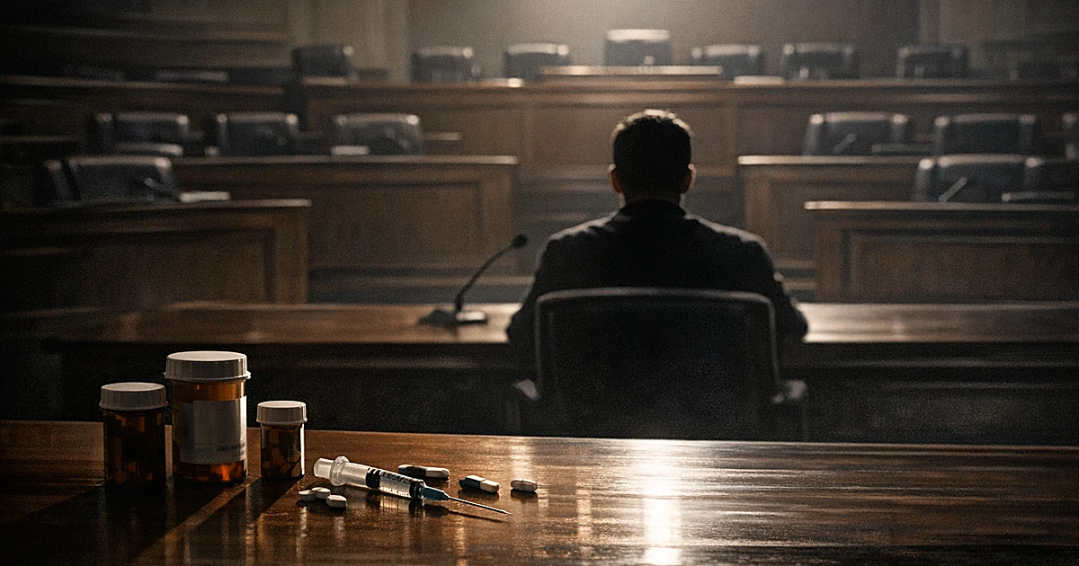Silhouetted figure at testimony table with medical items in foreground, facing empty legislative chamber seats