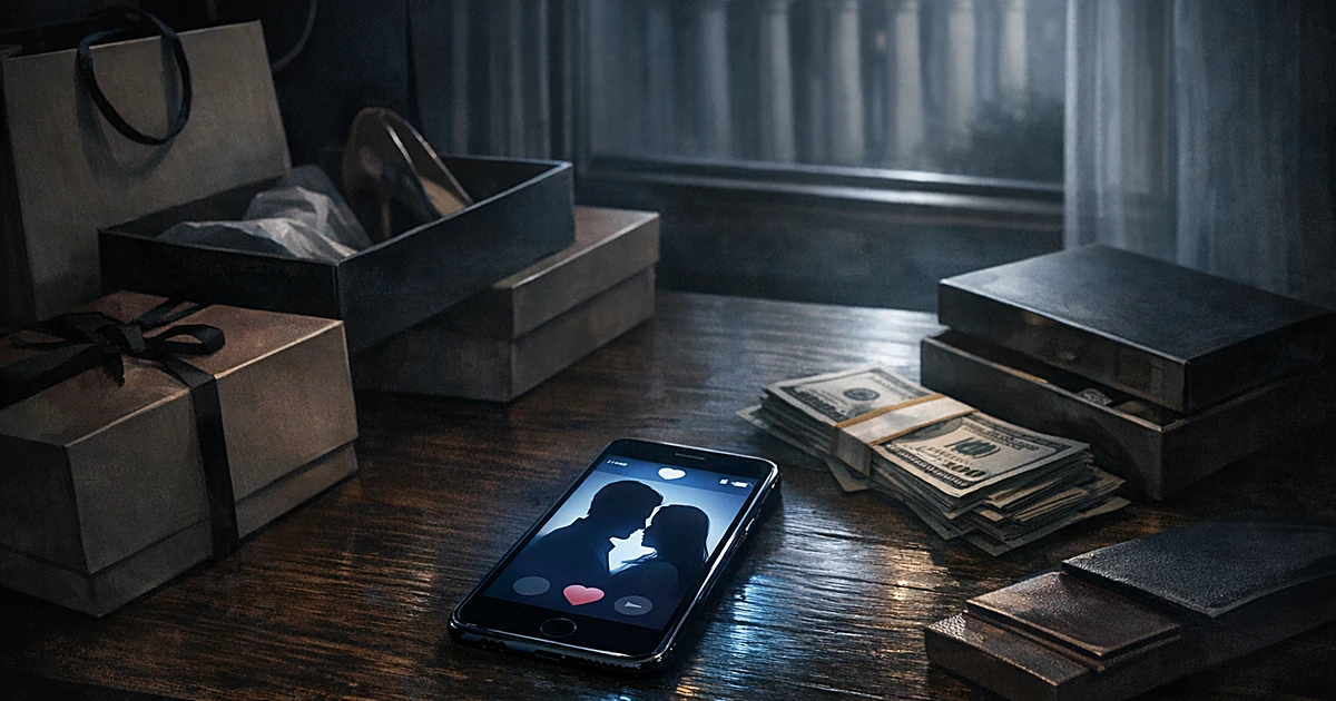 Smartphone with dating app beside luxury shopping bags, cash, and designer items on desk with government building visible
