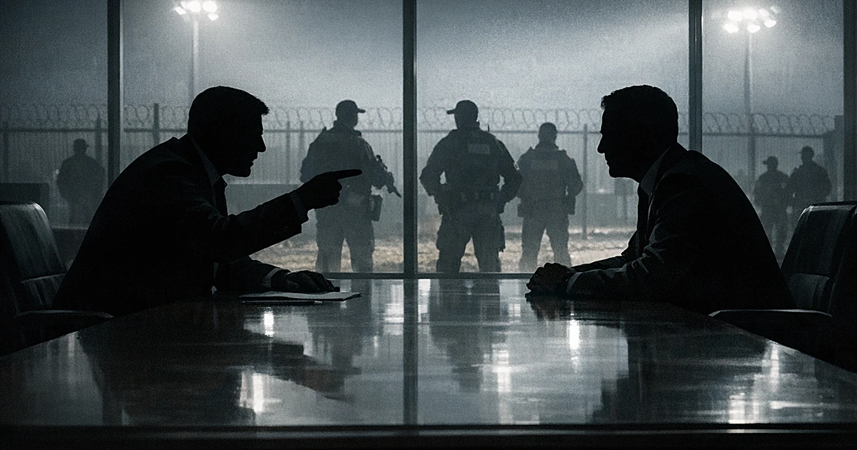 Two silhouetted figures in confrontation at conference table with Border Patrol officers visible in background