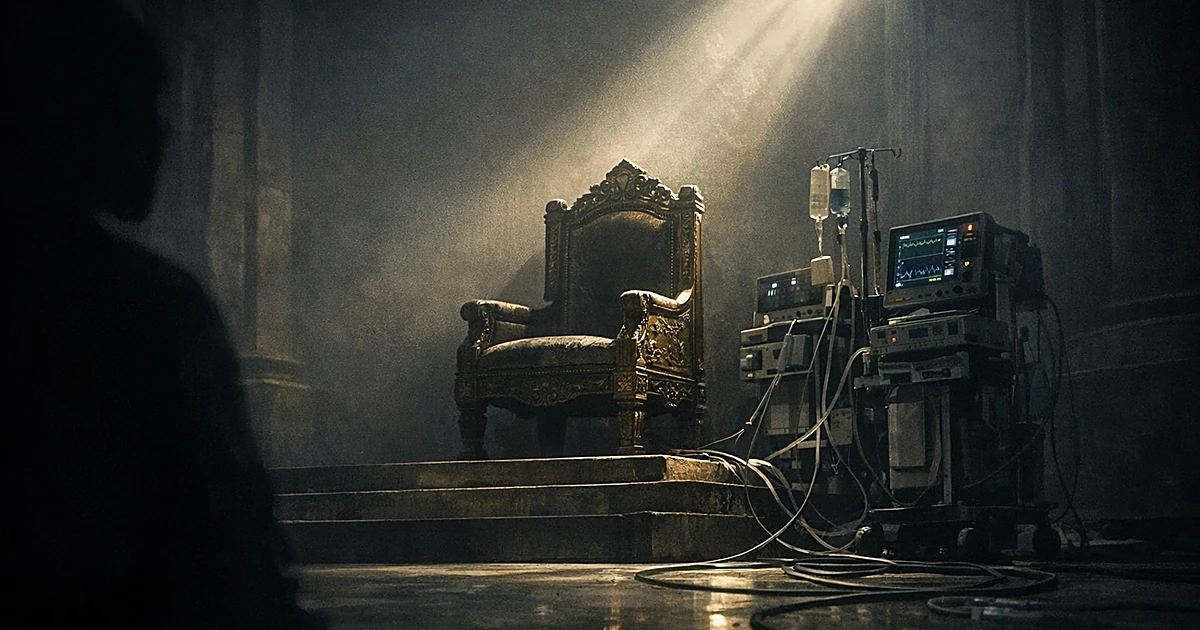 Empty ornate chair on platform with medical equipment beside it in dimly lit chamber