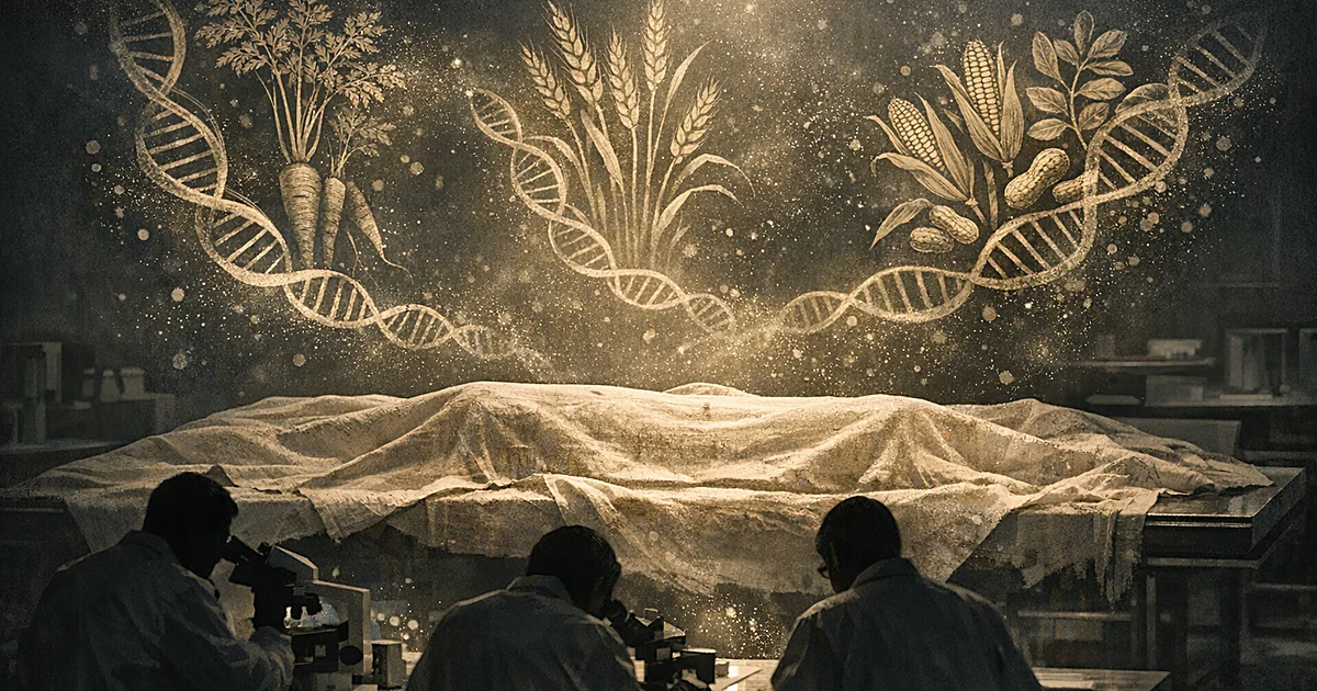 Ancient linen cloth on lab table with DNA helixes transforming into carrot and wheat illustrations, silhouetted scientists