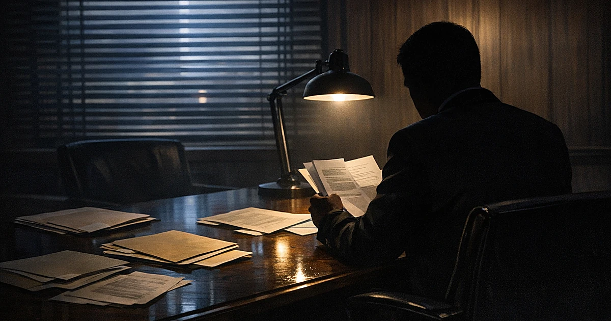 Silhouetted figure reviewing documents at conference table in dimly lit government office with venetian blind shadows
