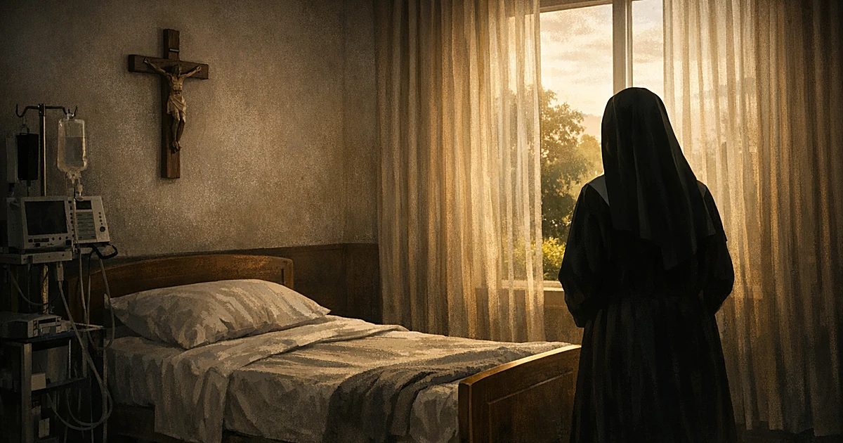 Silhouetted nun in habit stands in hospice room with crucifix on wall and medical equipment in corner