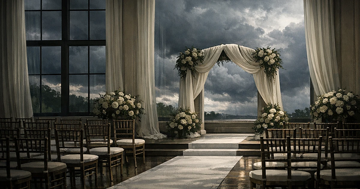Empty wedding venue with chairs and archway, dark storm clouds visible through windows casting shadows across the space