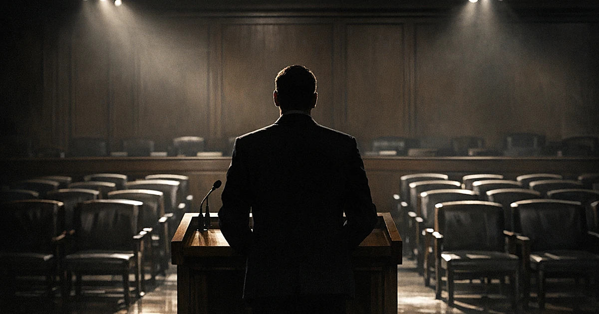 Silhouetted figure at podium facing empty chairs in dimly lit hearing room with dramatic shadows