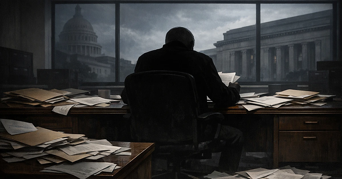 Silhouetted figure at desk with scattered documents in dim government office with institutional buildings visible outside