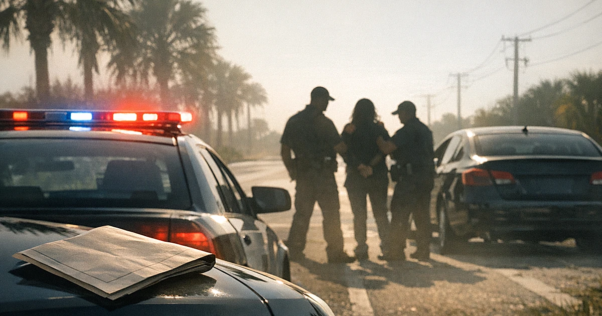 Police traffic stop on Florida highway with cruiser lights flashing behind stopped vehicle, silhouettes visible