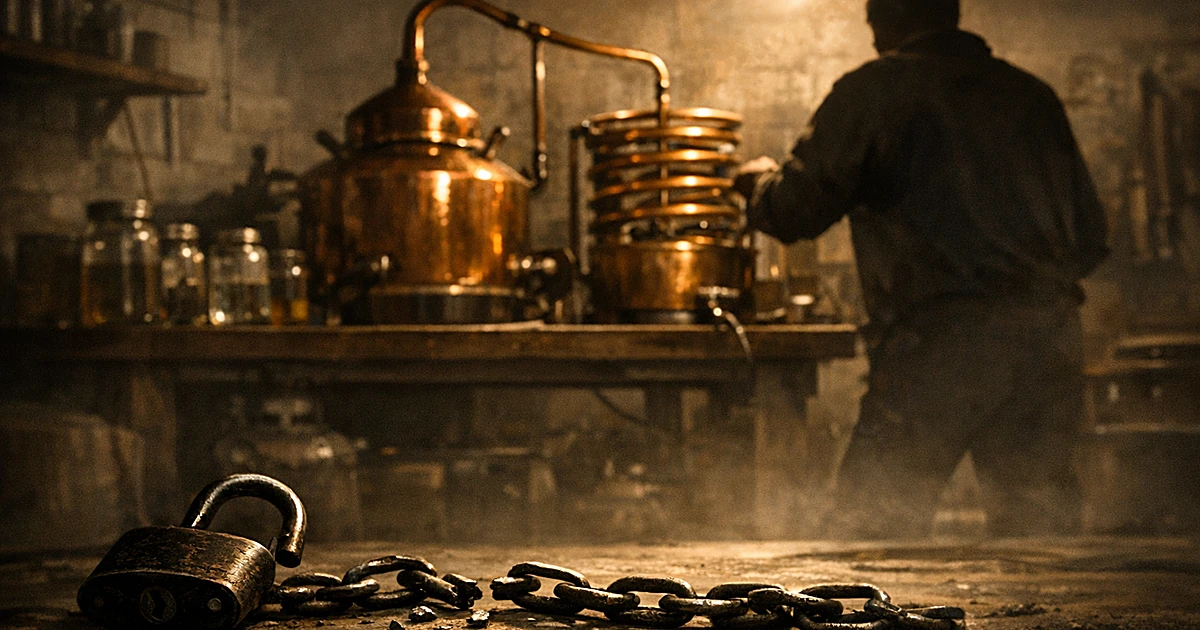 Silhouetted person operating copper distilling equipment in home workshop with broken chains on floor