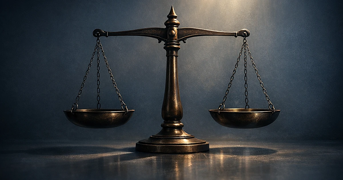 Abstract bronze scales of justice against dark background with soft golden light from above