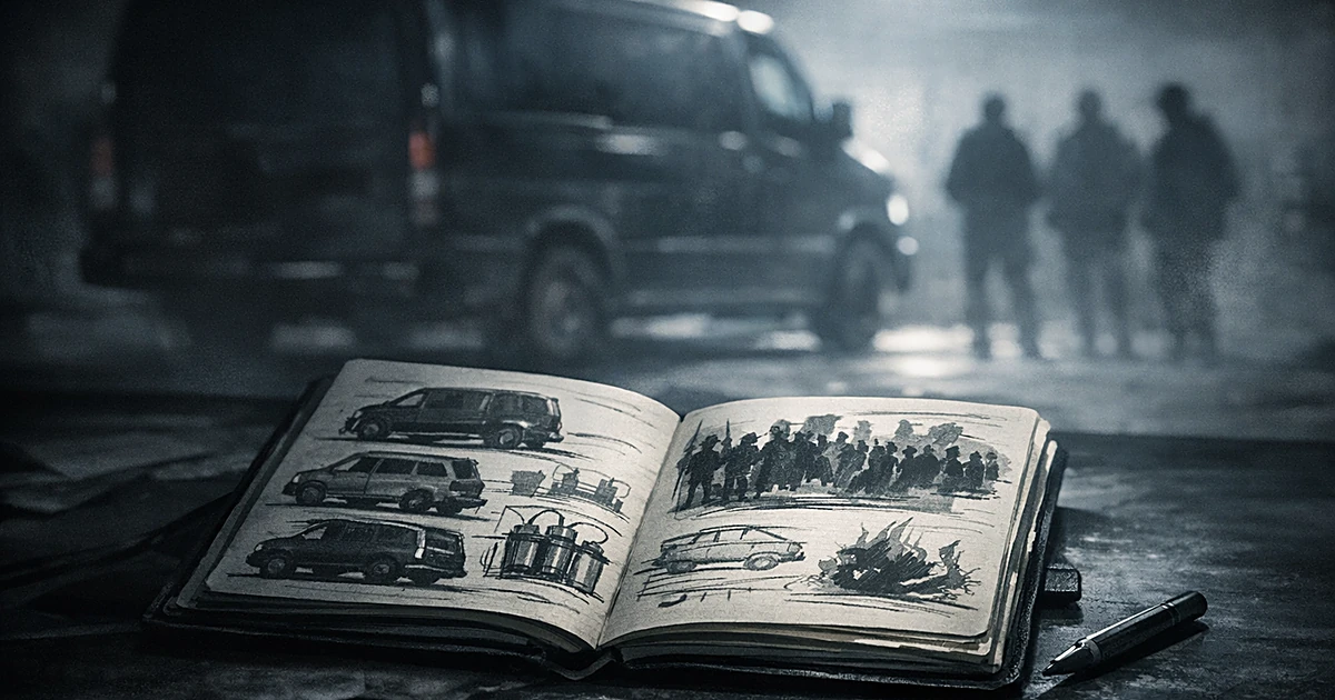Open notebook with vehicle sketches on table with silhouette of large van in shadowy background