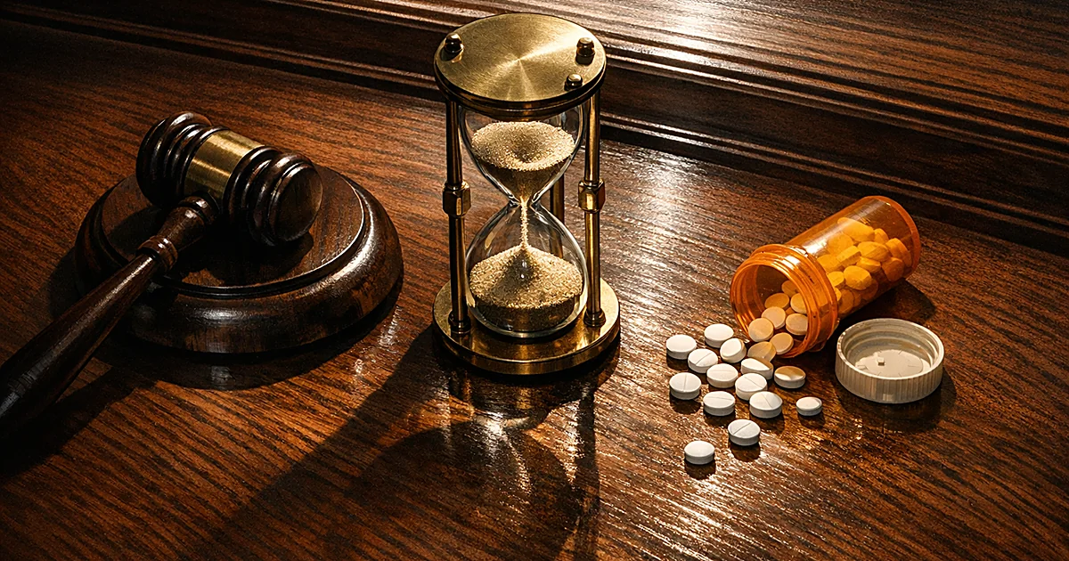 Overhead view of judge's gavel, hourglass, and prescription pills on wooden bench suggesting time-limited judicial ruling