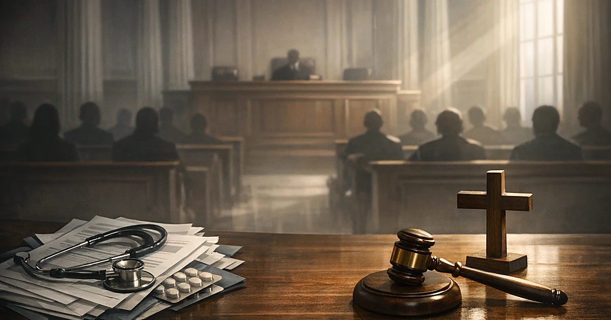 Courthouse interior with gavel, scattered insurance documents, and religious cross symbolizing legal conflict