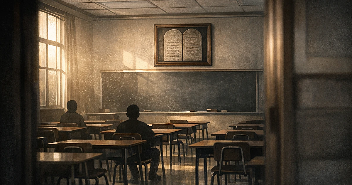 Empty classroom with Ten Commandments poster displayed on wall above chalkboard, sunlight streaming through windows