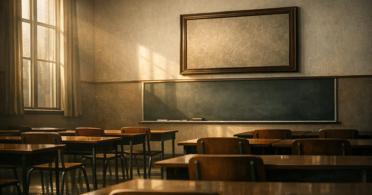 Empty classroom with rows of desks facing wall with large rectangular frame hanging above chalkboard