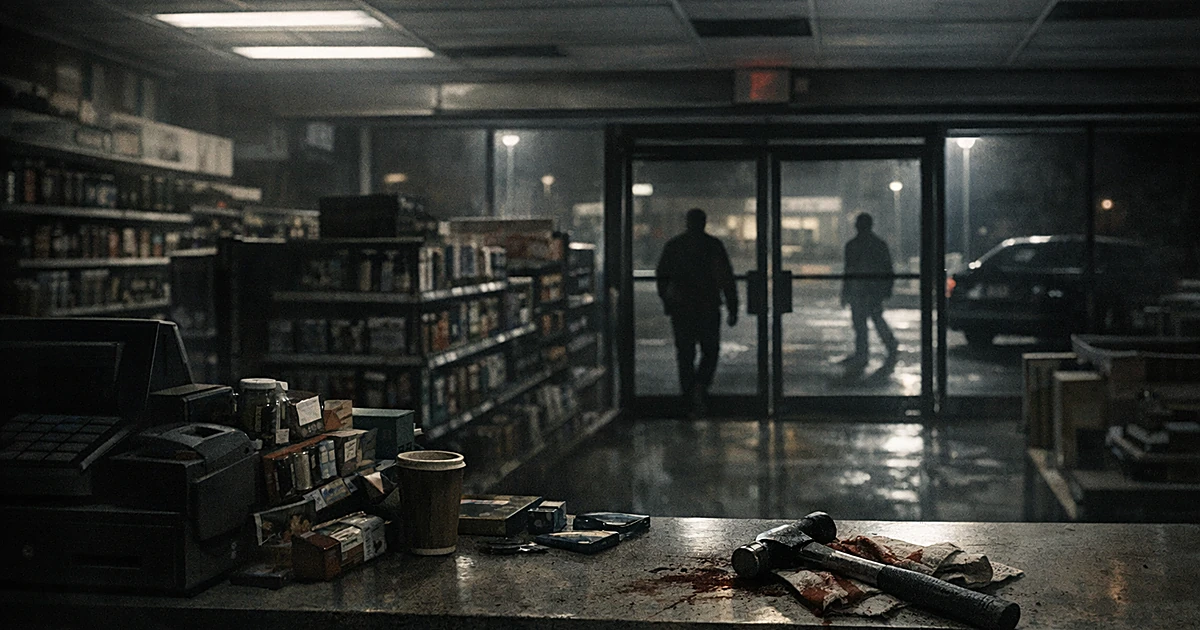 Dark gas station convenience store interior viewed from behind counter with empty aisles and nighttime parking lot visible