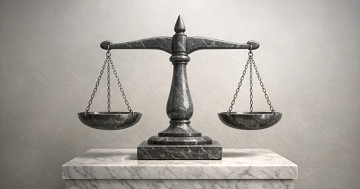 Abstract stone scales of justice on marble pedestal with soft lighting