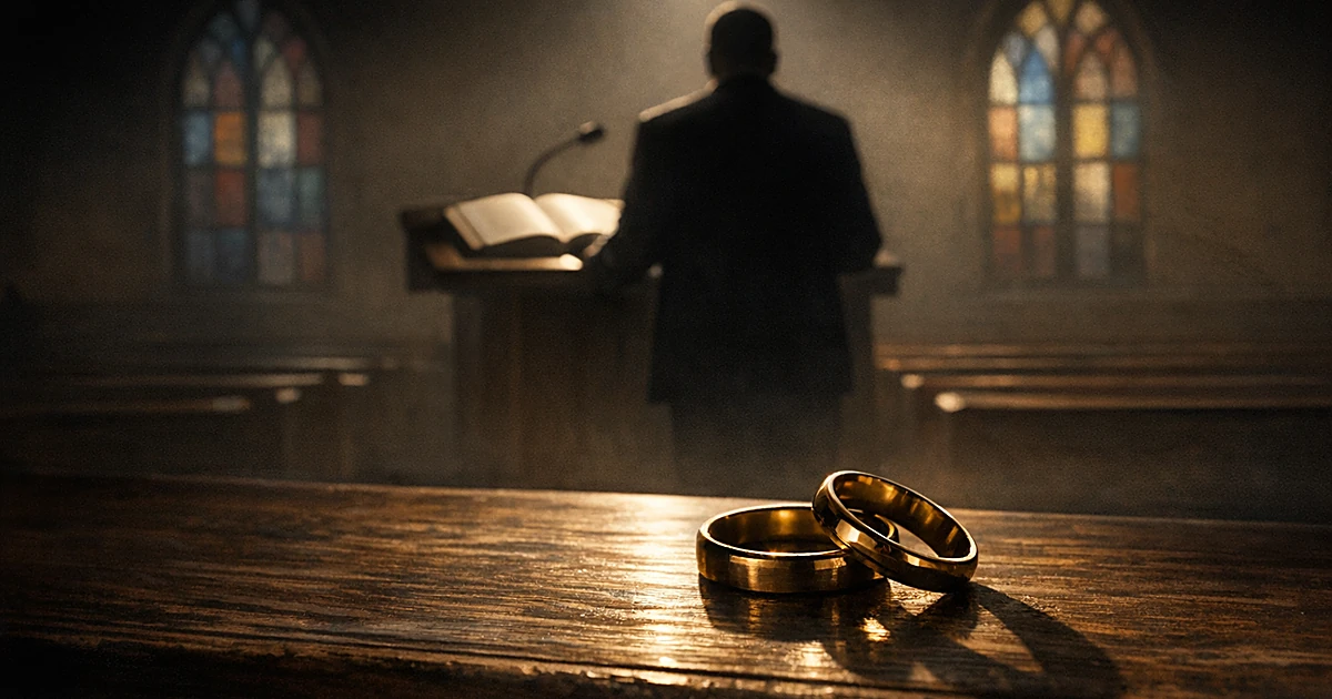 Silhouette at church pulpit with two wedding rings in foreground casting shadows in dramatic lighting